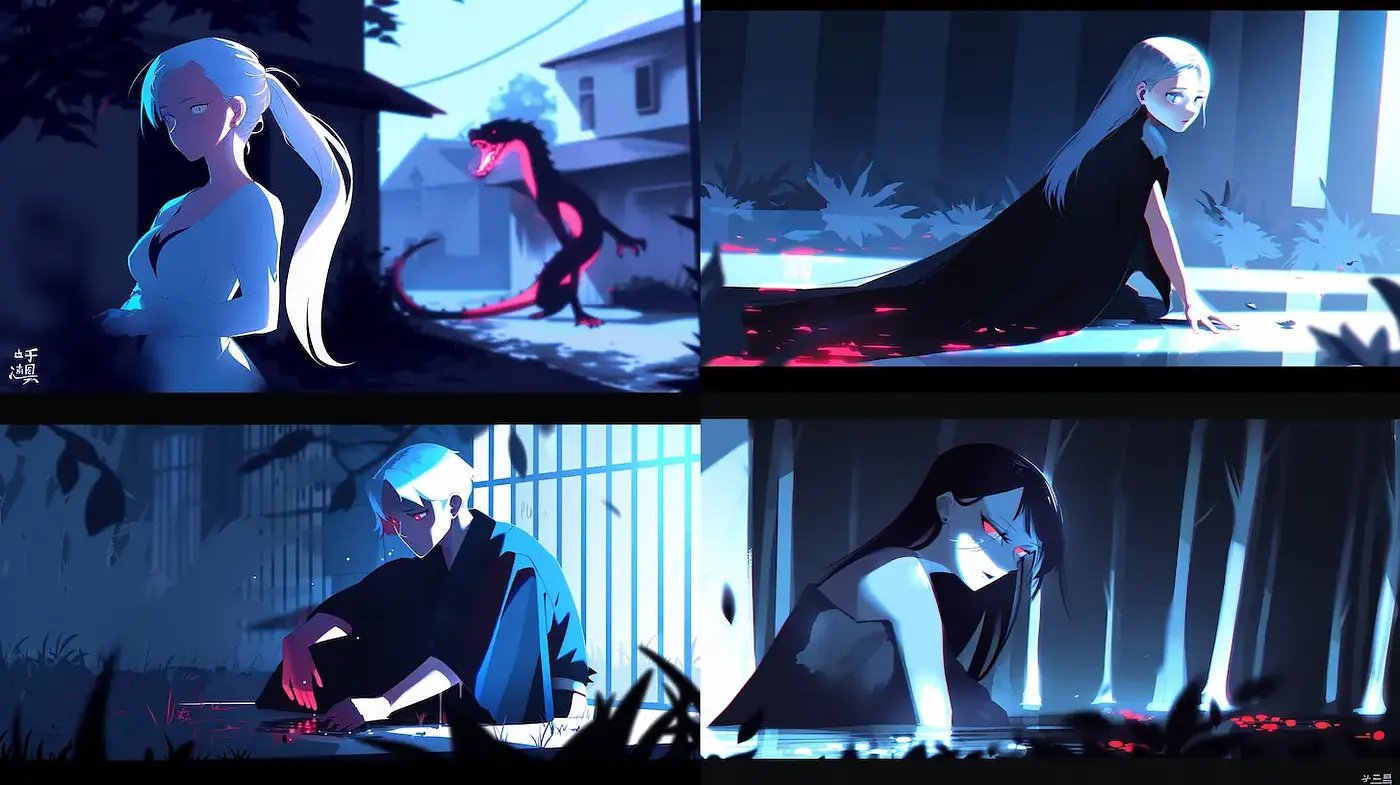 Dark and atmospheric digital illustrations with stylized character designs - Midjourney sref style