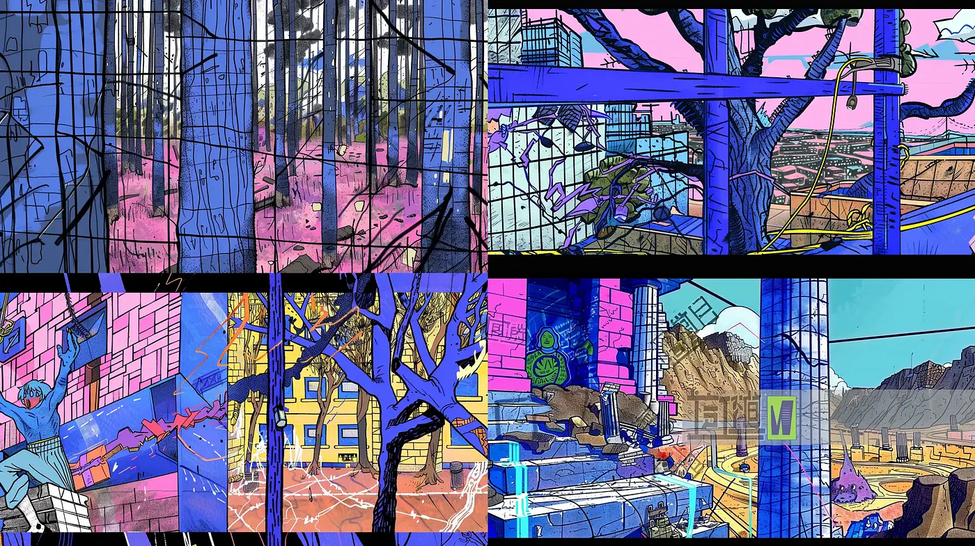 Stylized Urban Tapestry: A Fusion of Graphic Novel and Stained Glass Aesthetics - Midjourney sref style