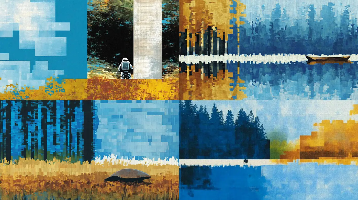 Abstracted Nature's Palette: Textured Visions in Blue and Amber Tones - Midjourney sref style