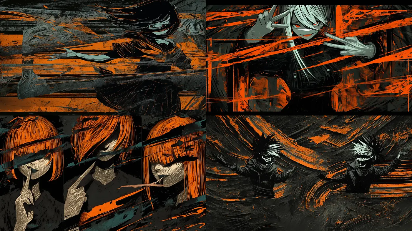 Energetic Noir Brushstrokes in Vivid Orange and Black - Midjourney sref style