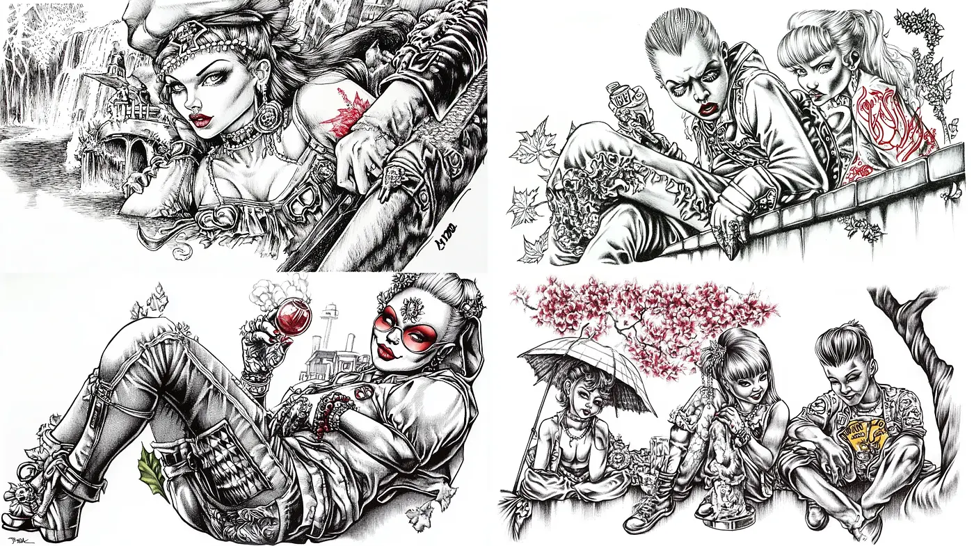 Monochromatic Ink Illustration with Surrealist Touches - Midjourney sref style