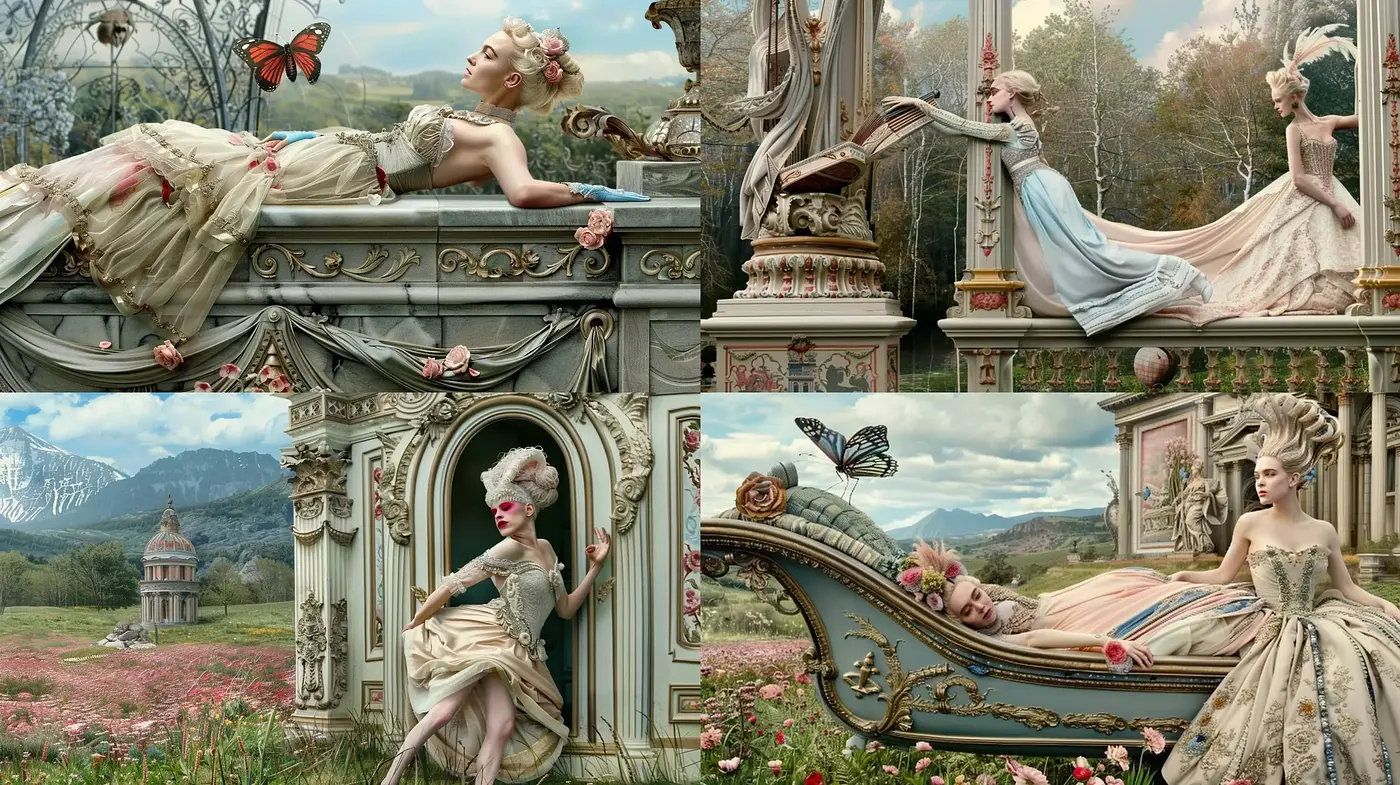 Baroque-Inspired Pastoral Elegance with Cinematic Overtones - Midjourney sref style