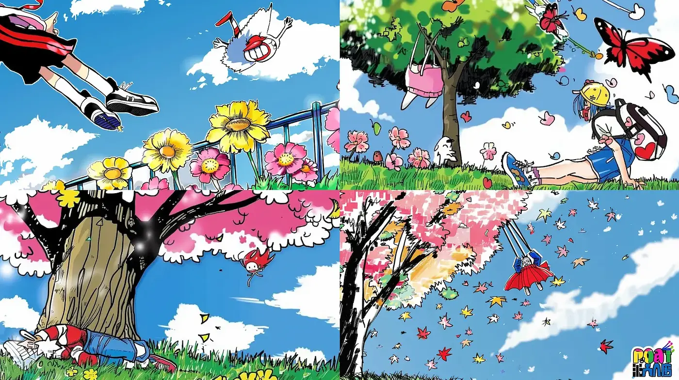 Vibrant and whimsical seasonal landscapes with playful vibes - Midjourney sref style