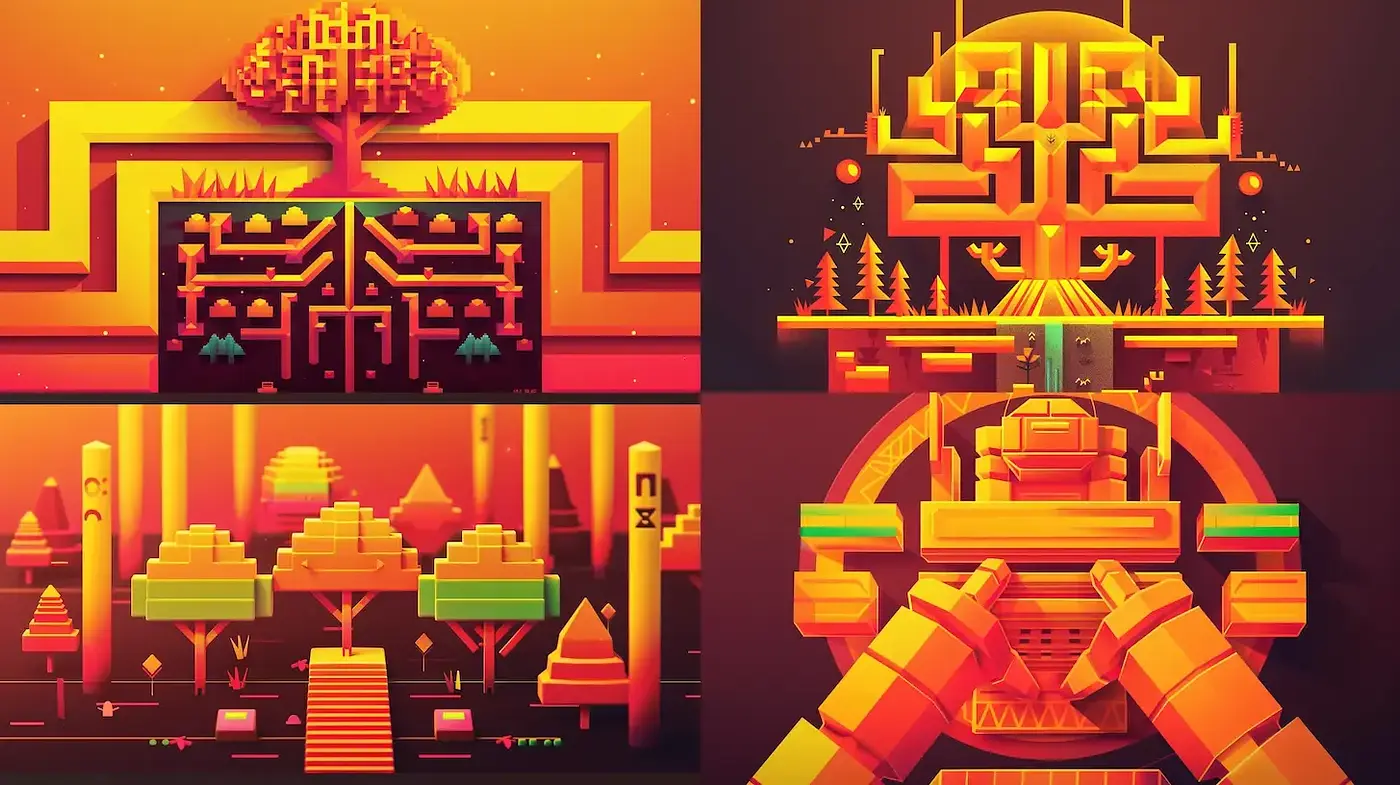 Geometric Symmetry and Luminous Hues in Stylized Digital Art - Midjourney sref style