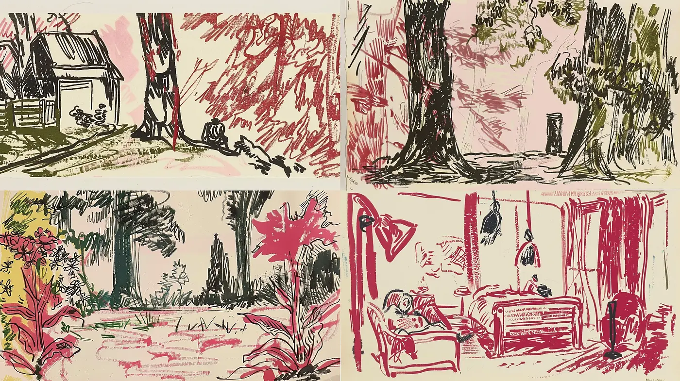Whimsical Sketches with Bold Contours and Earthy Tones - Midjourney sref style
