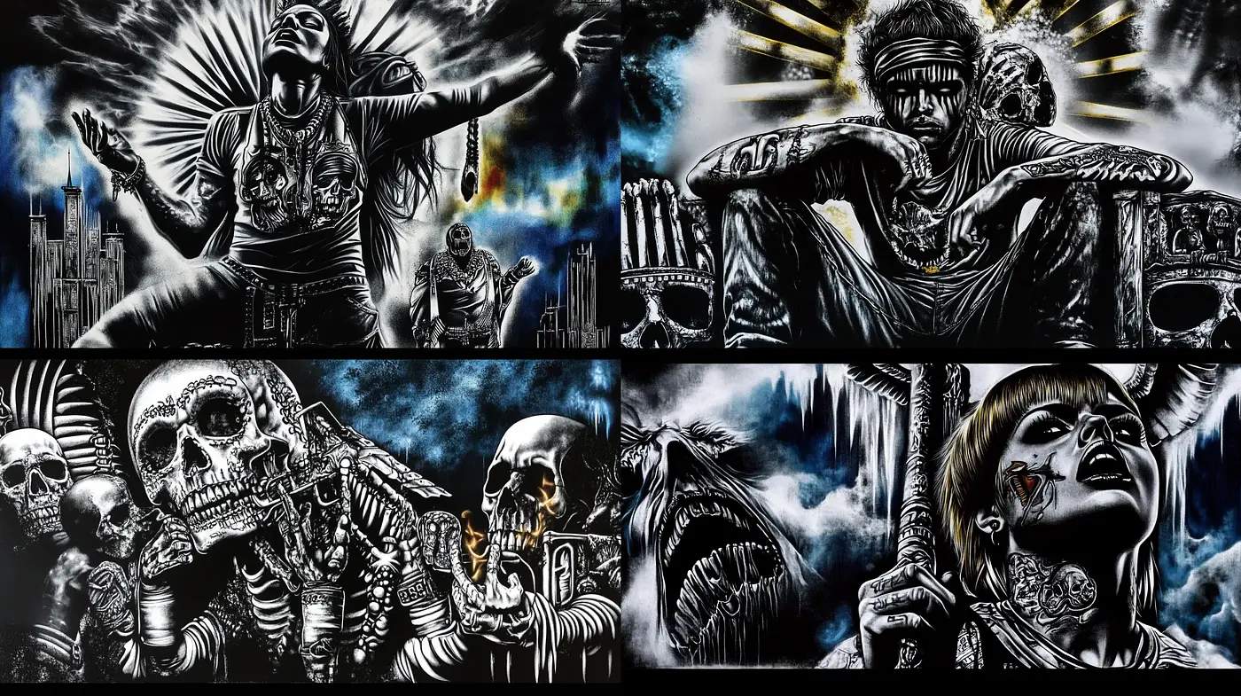 Gothic Surrealism with a Metallic Grunge Twist - Midjourney sref style