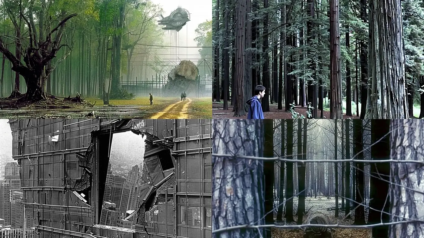 Enigmatic Fusion of Dreamlike Nature and Surreal Urban Textures - Midjourney sref style