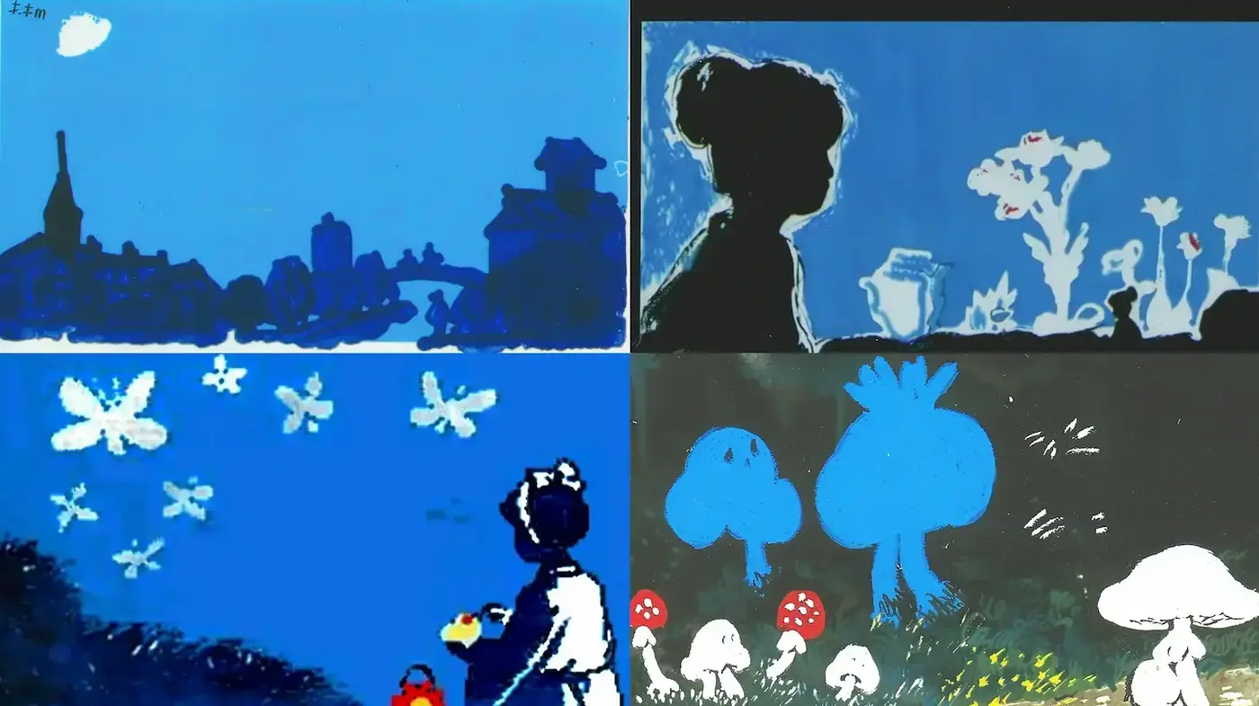 Whimsical Blue Landscapes with Playful Silhouettes and Nature Elements - Midjourney sref style