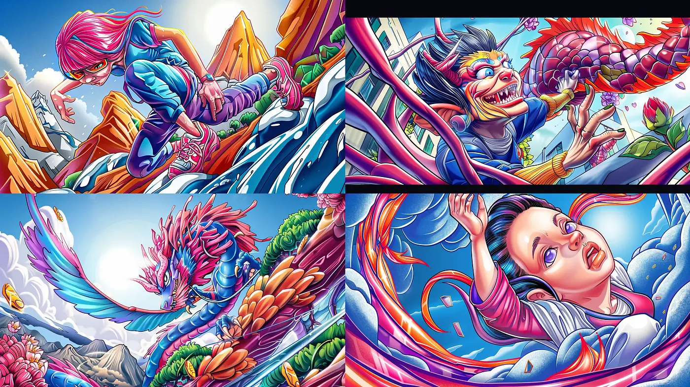 Vibrant Surrealism with Graphic Novel Flair - Midjourney sref style