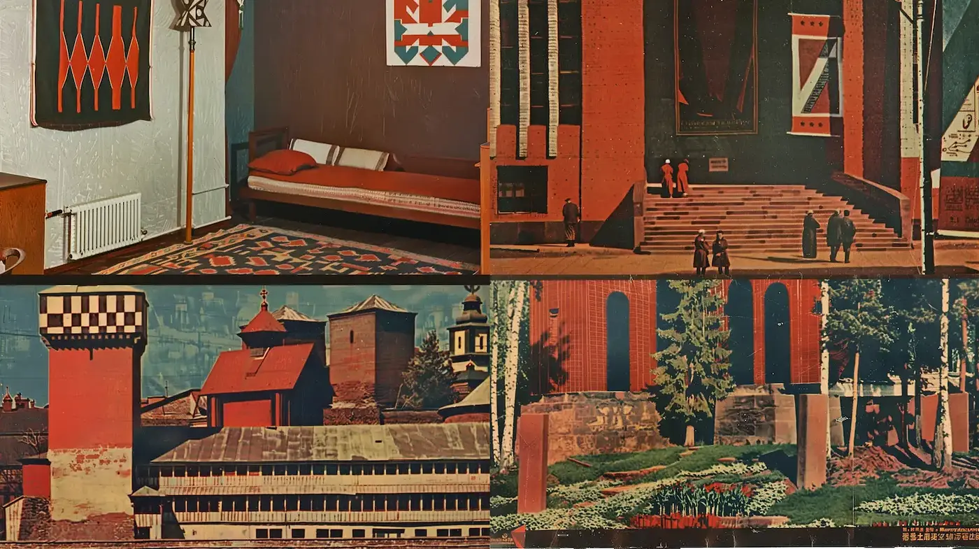 Mid-Century Modern with Soviet Constructivist Influences in a Nostalgic Palette - Midjourney sref style