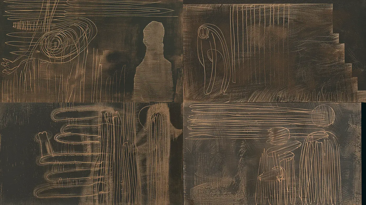 Abstract Nocturnal Etchings: A Monochromatic Dance of Shadows and Lines - Midjourney sref style