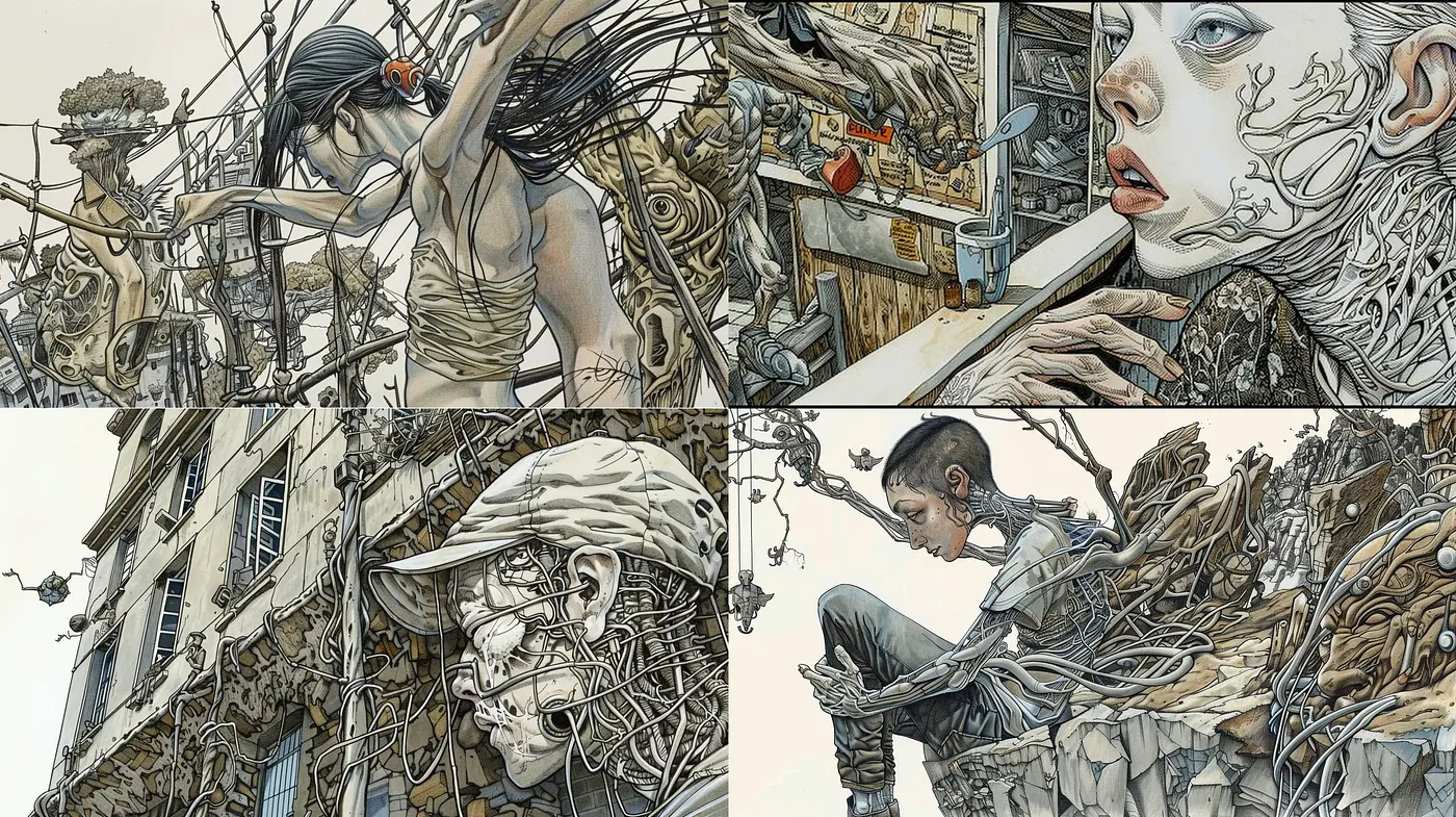 Dystopian Mechanized Fusion: A Consistent Vision of Organic and Inorganic Synthesis in Sepia Tones - Midjourney sref style