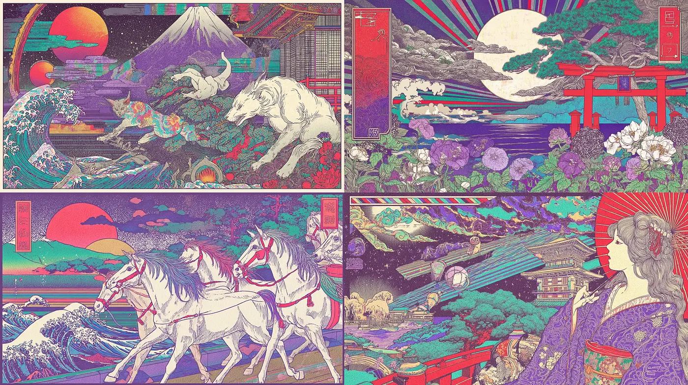 Intricate and Vibrant Japanese-Inspired Art with Mythical Elements - Midjourney sref style