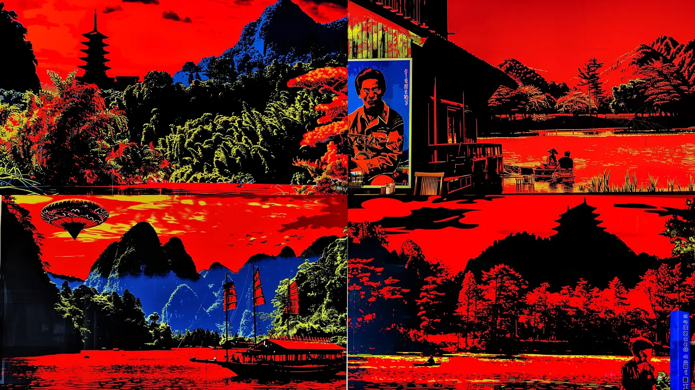 Crimson Silhouette Horizon: A Vivid Monochrome Dreamscape - Midjourney sref style