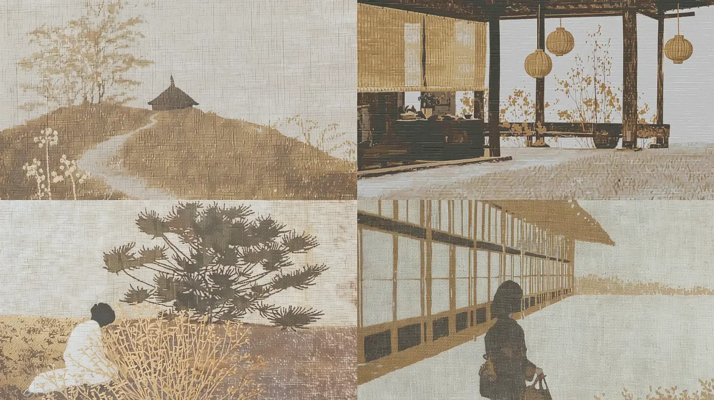 Tranquil Textured Tapestry of Traditional Japanese Elements - Midjourney sref style
