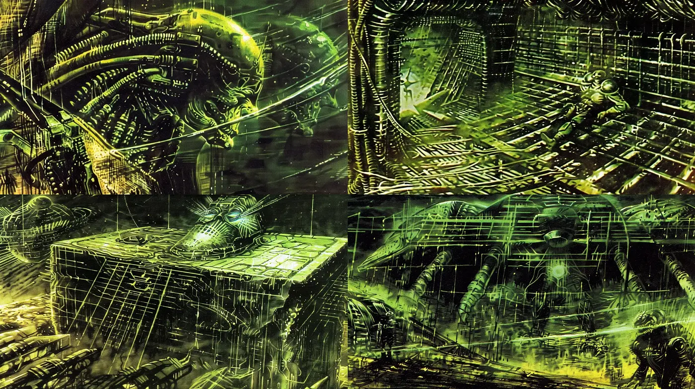 Ethereal Biomechanical Labyrinth: The Fusion of Organics and Machinery in Art - Midjourney sref style
