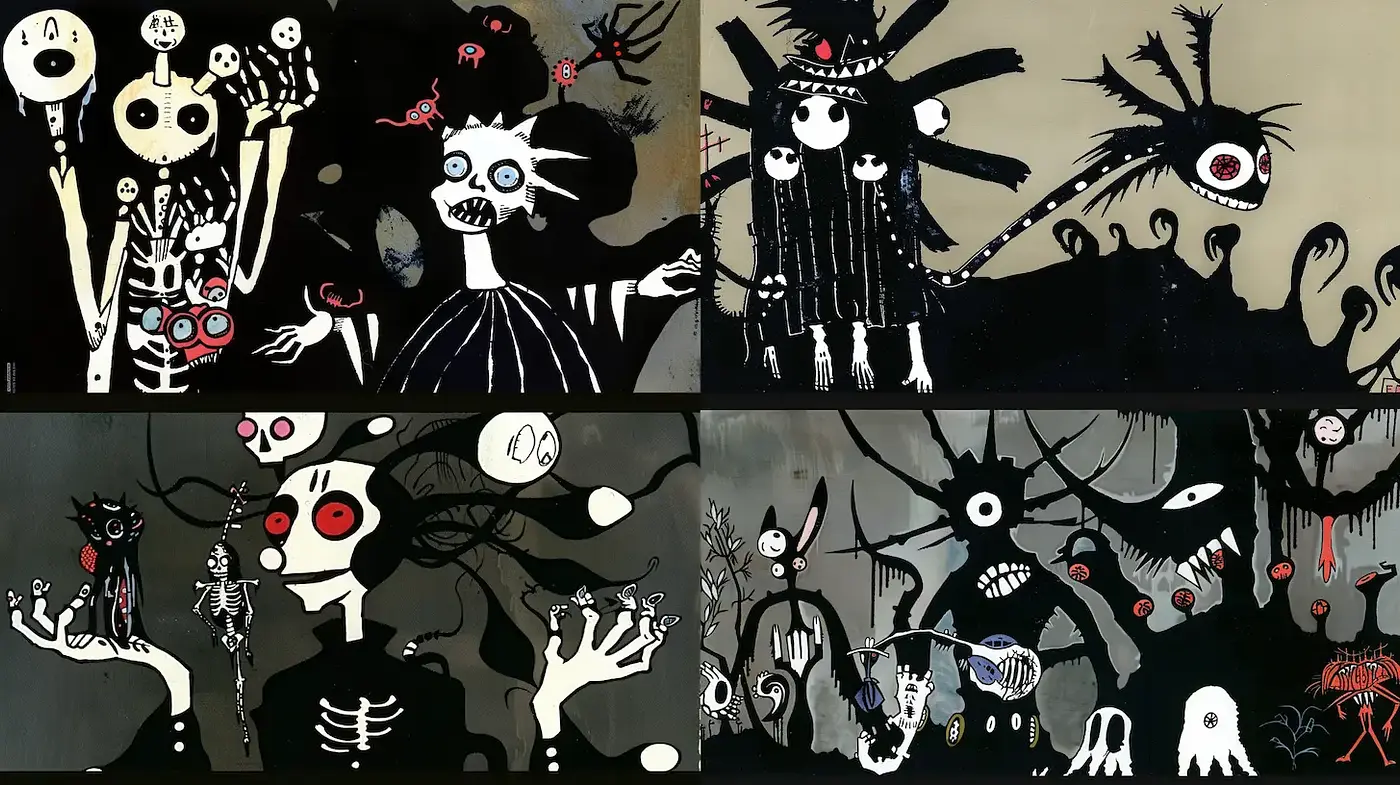 Whimsical and eerie juxtaposition of dark themes with playful elements - Midjourney sref style