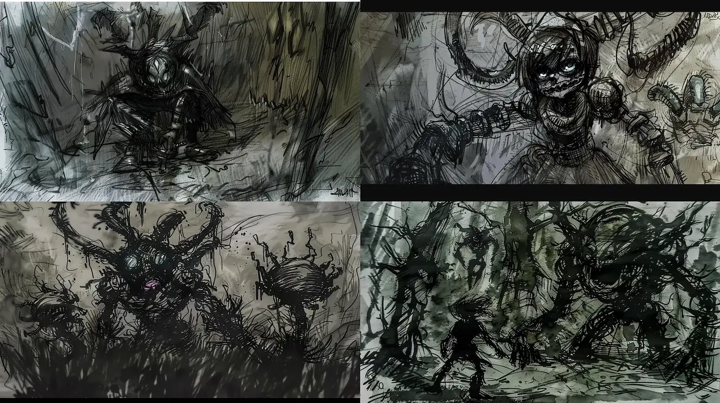 Dark, gritty aesthetic with intricate line work and a haunting atmosphere - Midjourney sref style