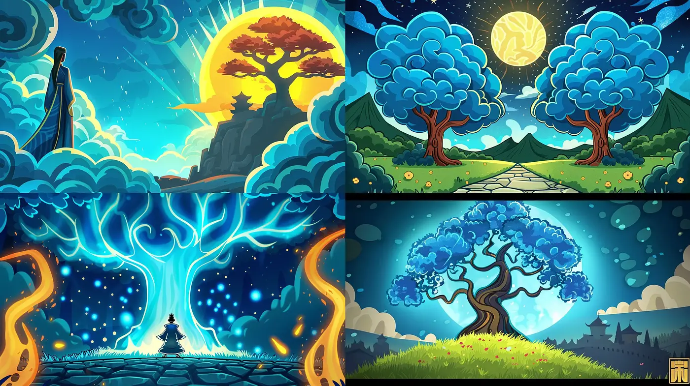 Ethereal Nature Fantasia with Luminous Hues and Bold Outlines - Midjourney sref style