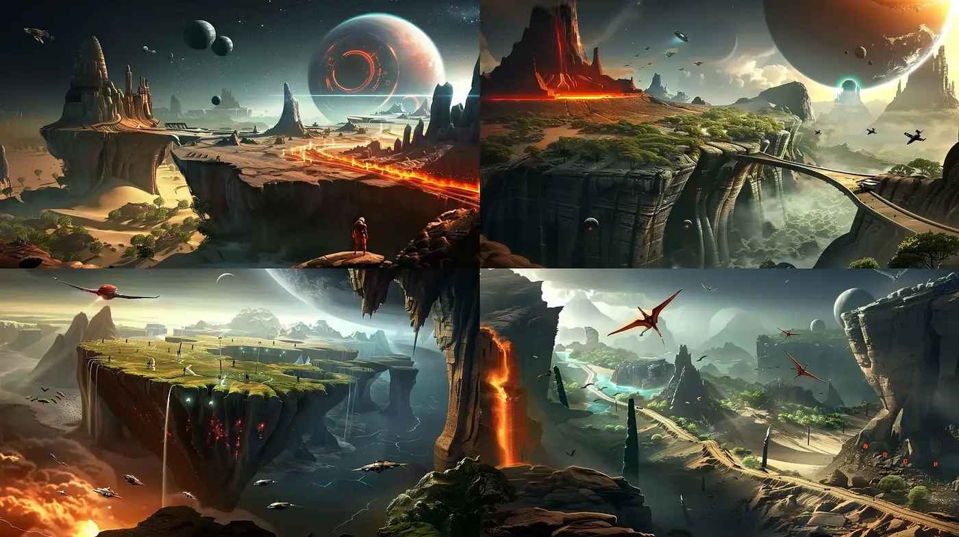 Ethereal Worlds at Dawn and Dusk: A Harmonious Blend of Sci-fi and Fantasy Landscapes - Midjourney sref style
