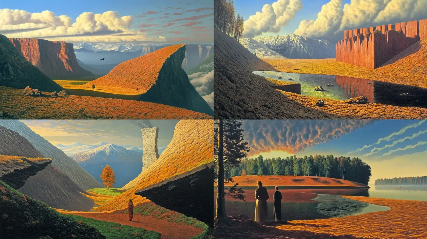 Surreal Landscape Fusion with Lush Earth Tones and Stark Geometries - Midjourney sref style