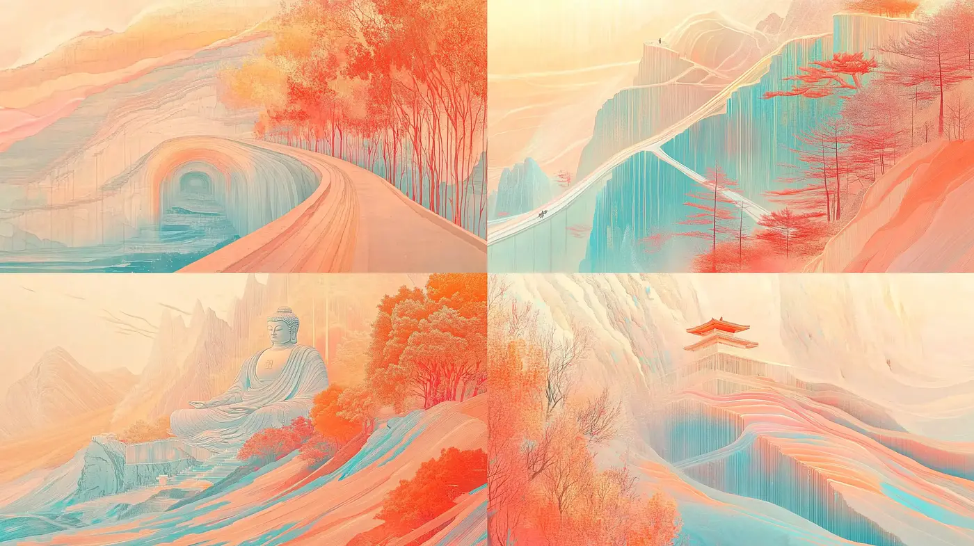 Ethereal Dawn Hues: A Tranquil Fusion of Eastern Landscape Artistry - Midjourney sref style