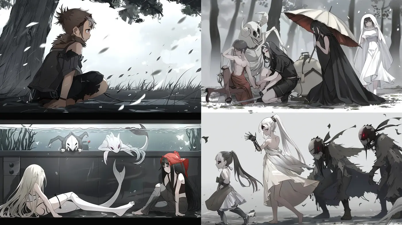 Ethereal Monochromatic Anime Visions - Midjourney sref style