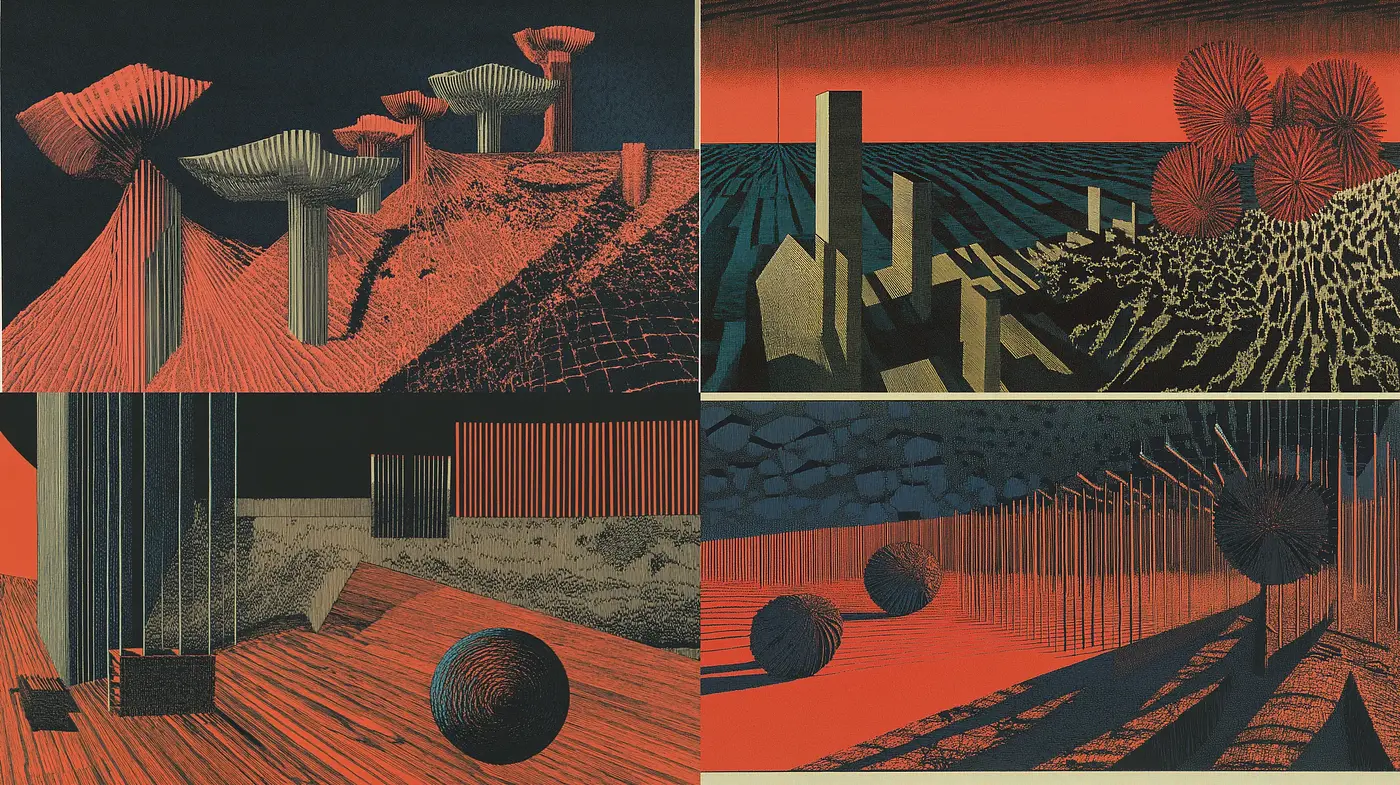 Crimson Dusk: A Synthesis of Geometric Abstraction and Textural Intrigue - Midjourney sref style