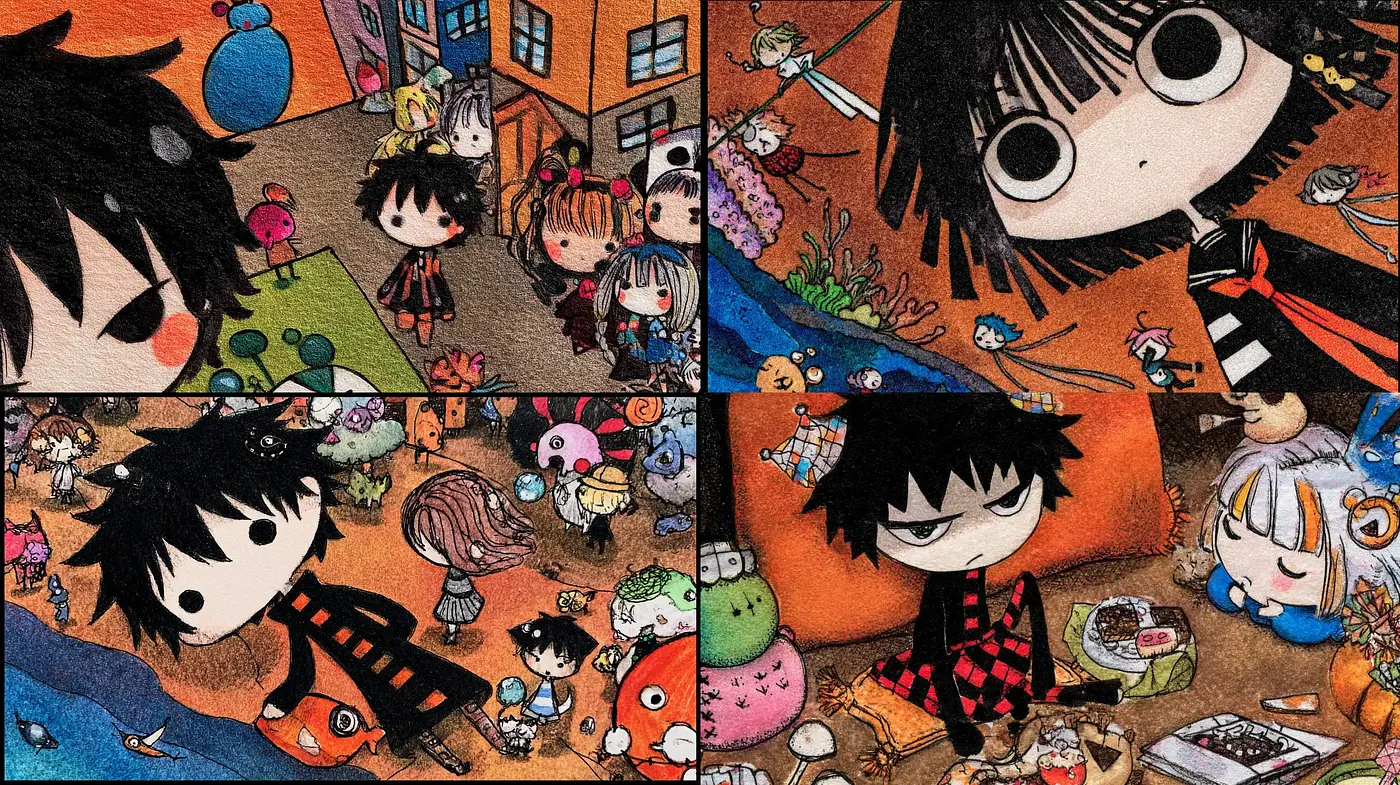 Whimsical and Colorful Cartoon Aesthetic with a Dark Undertone - Midjourney sref style