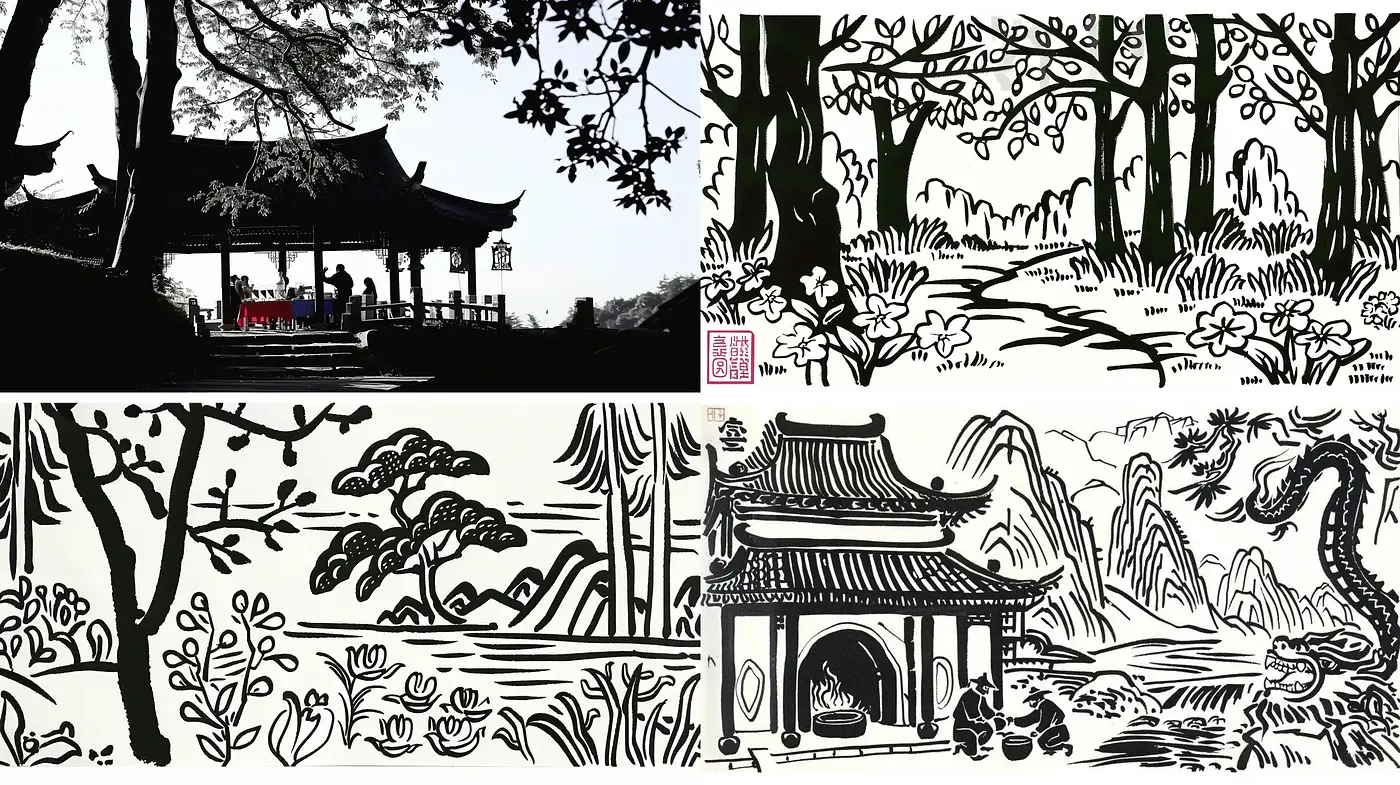 Monochromatic Elegance in East Asian Ink Wash Illustrations - Midjourney sref style