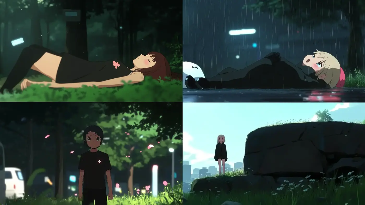 Rain-Soaked Elegy: An Anime-Inspired Mélange with Luminous Tones - Midjourney sref style
