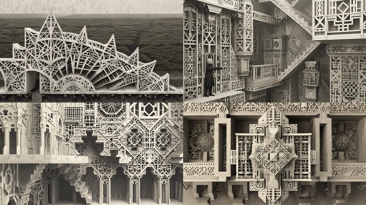 Monochromatic Geometric Elegance: A Tribute to Intricate Architectural Symmetry - Midjourney sref style