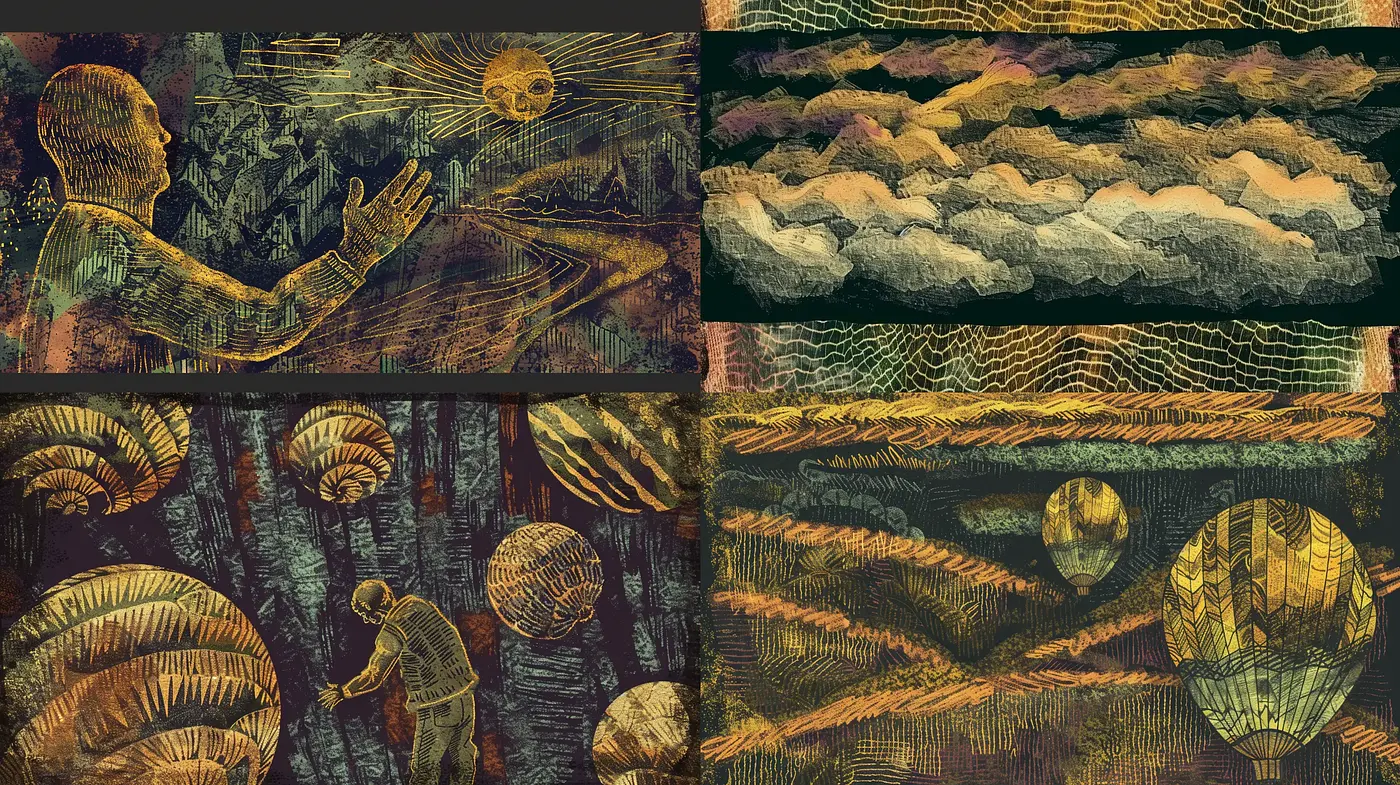 Ethereal Dreamscape Etchings in Amber and Umber - Midjourney sref style