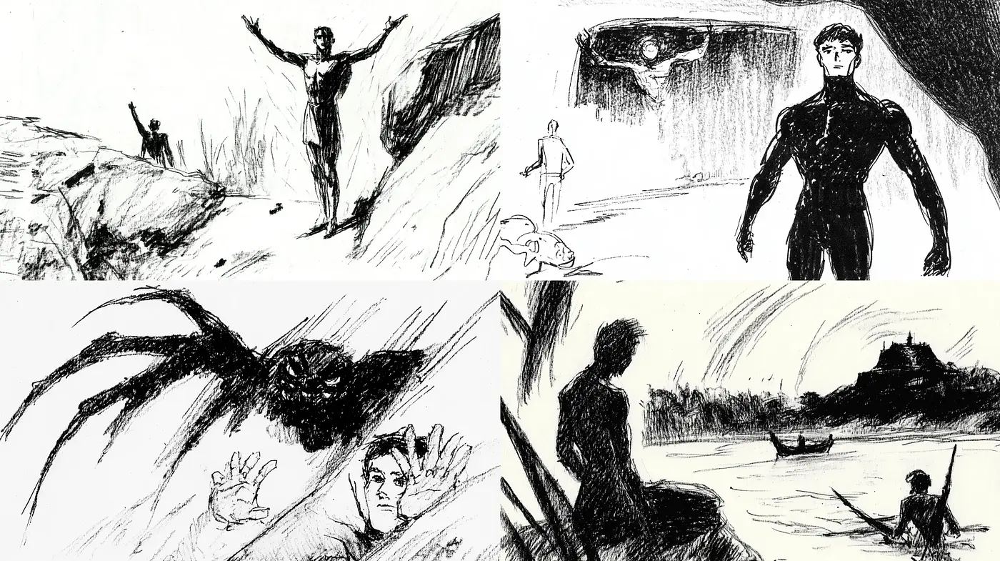 Dynamic Sketchbook Interpretations with a Noir Essence - Midjourney sref style