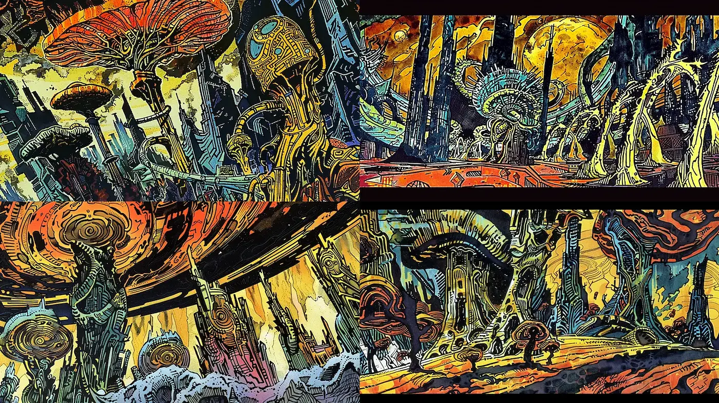 Futuristic psychedelic landscapes with a surreal essence - Midjourney sref style