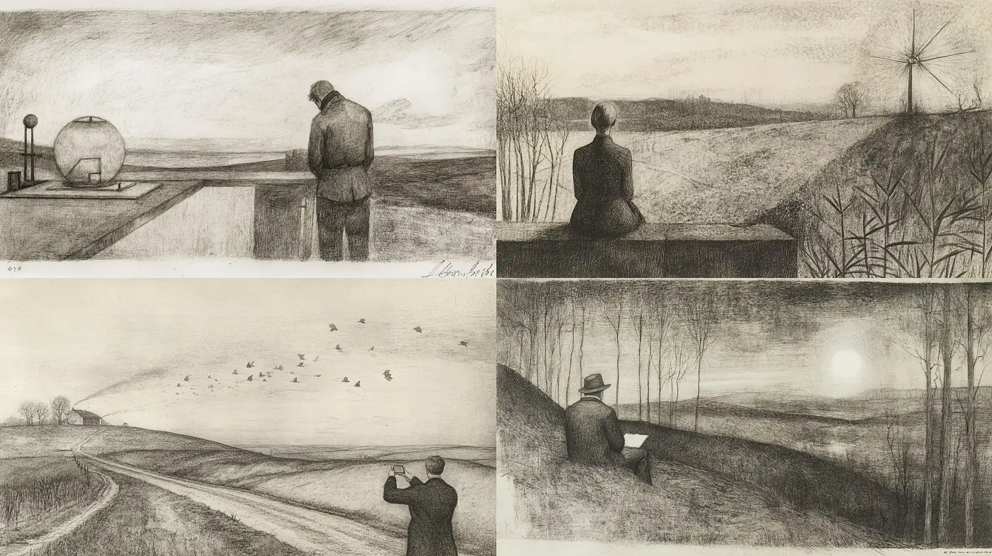 Ethereal Etched Horizons: A Homage to Poetic Monochrome Landscapes - Midjourney sref style