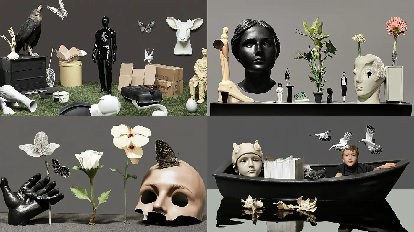 Surrealist Still Life Ensemble with Monochromatic Undertones - Midjourney sref style