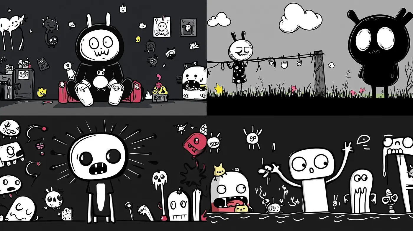 Whimsical Monochrome Cartoonesque Imagery with Expressive Characters - Midjourney sref style