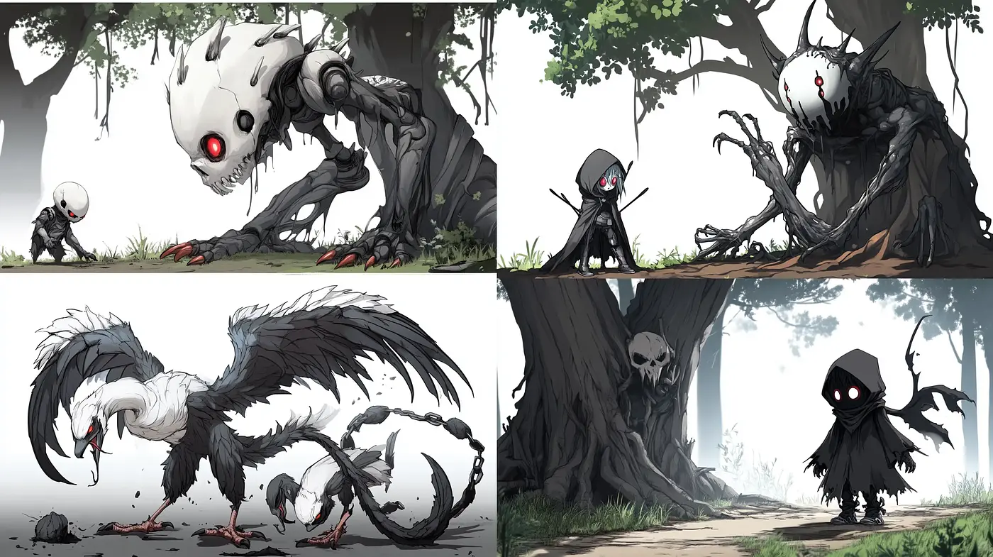 Grim Fantasy and Monstrous Elegance: A Brooding Dance with Dark Creatures - Midjourney sref style
