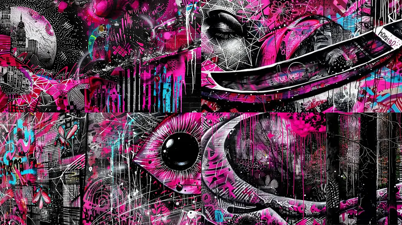Futuristic Cyberpunk Mosaic with a Monochromatic Pink Undertone - Midjourney sref style