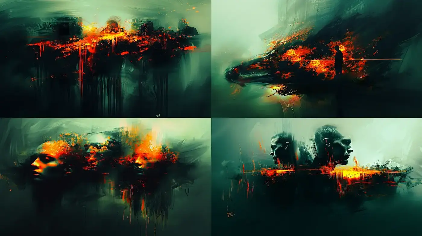 Abstract Ember Dreamscape with Nocturnal Hues - Midjourney sref style