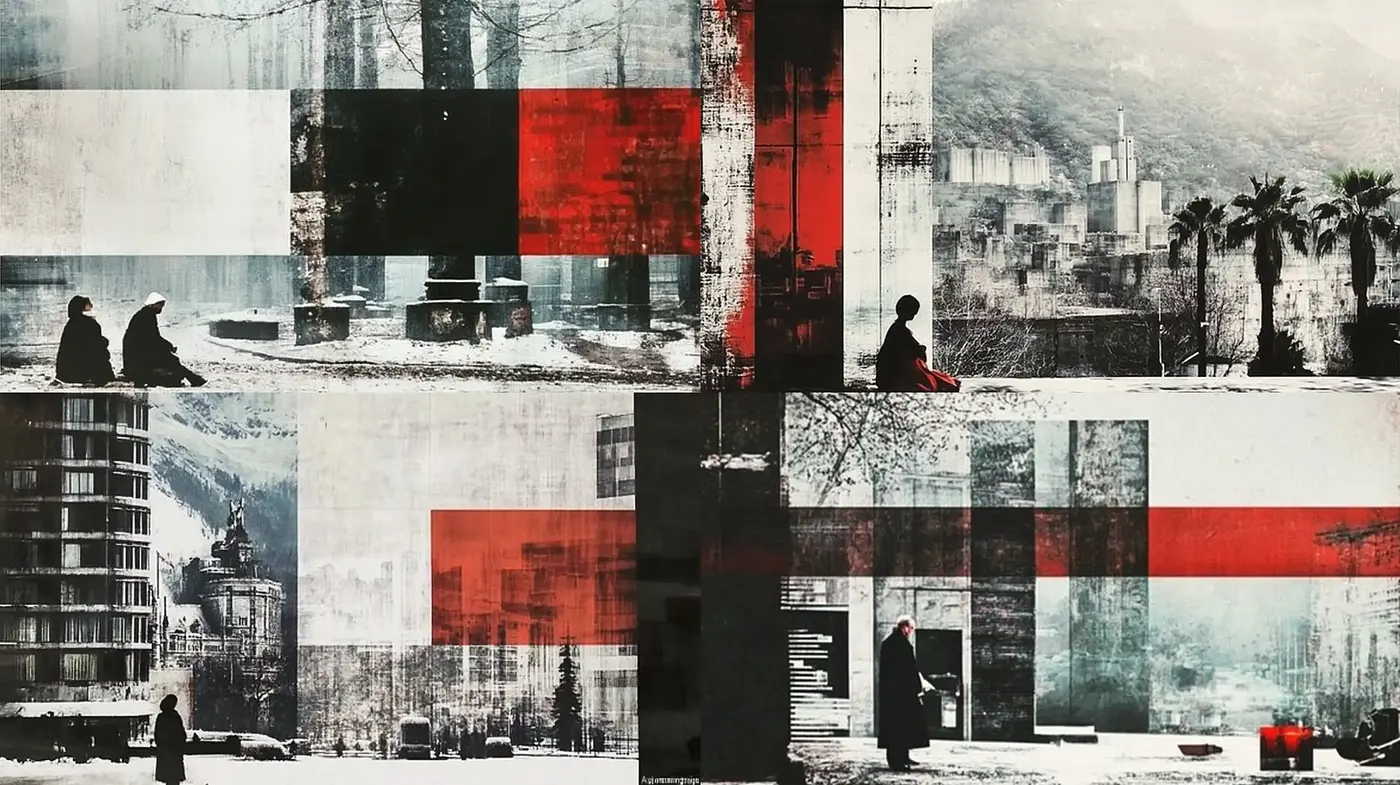 Distressed Urban Tapestry: A Composite of Grunge and Serenity - Midjourney sref style
