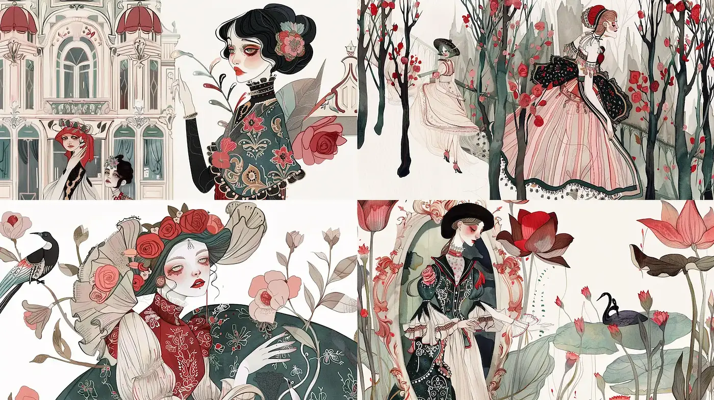 Elegant Illustrations with Floral Motifs and a Whimsical Air - Midjourney sref style
