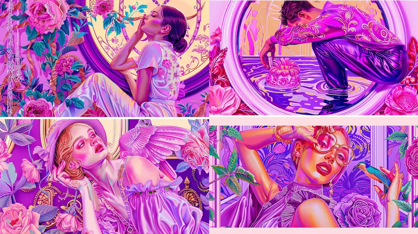 Vibrant stylized compositions with floral and ethereal influences - Midjourney sref style