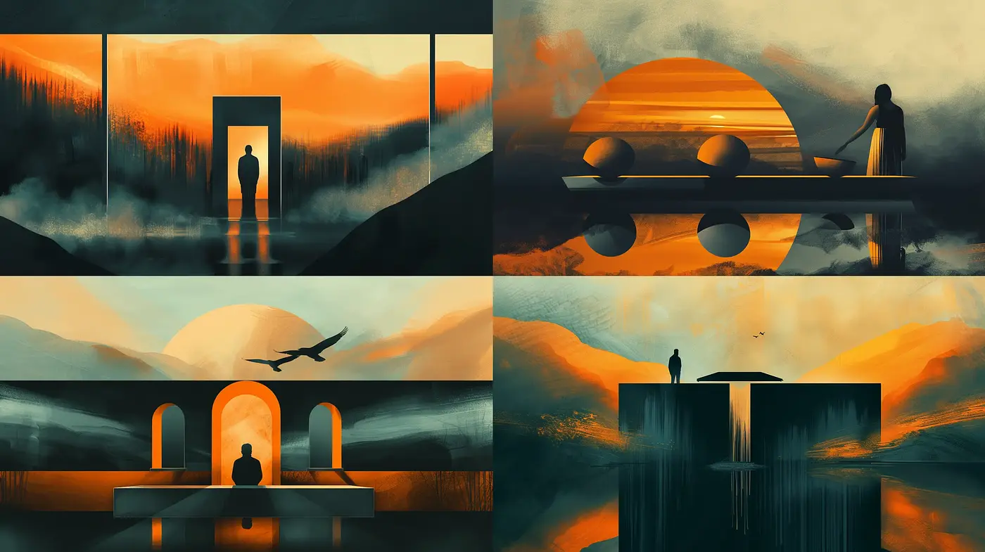 Sunset Hues and Surrealist Vistas: A Fusion of Nature and Geometry - Midjourney sref style