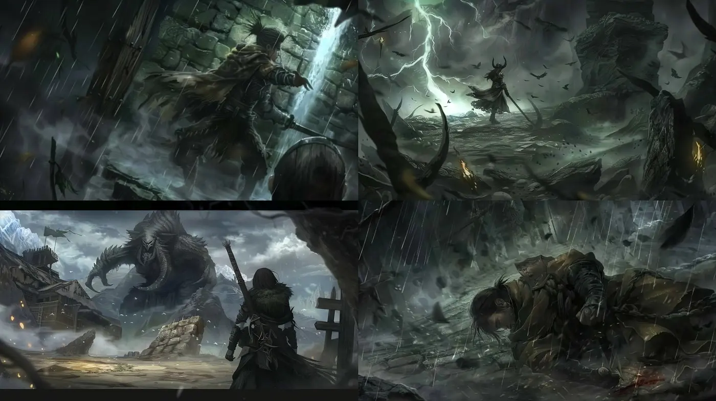 Atmospheric Epic Saga: A Consistent Artistic Journey Through Stylized Stormy Tableaux - Midjourney sref style