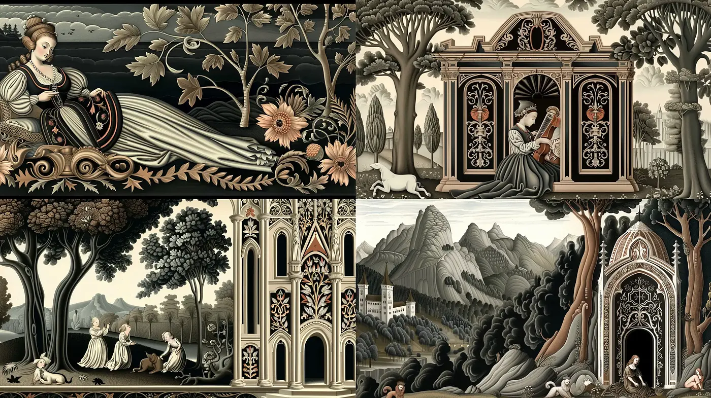 Ethereal Arcadian Tableaux with Monochromatic Intricacy - Midjourney sref style