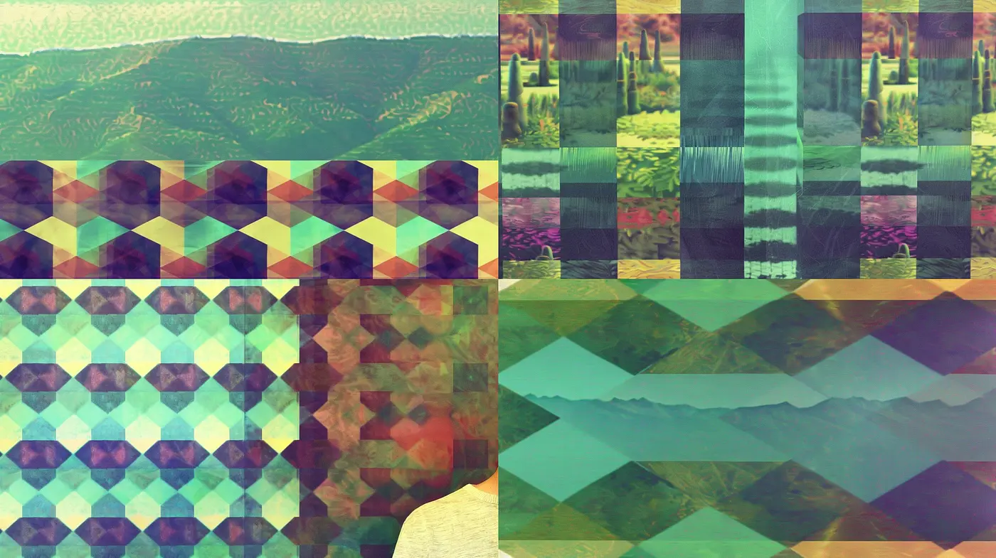 Harmonized Textural Collage with Retro-Futuristic Hues - Midjourney sref style