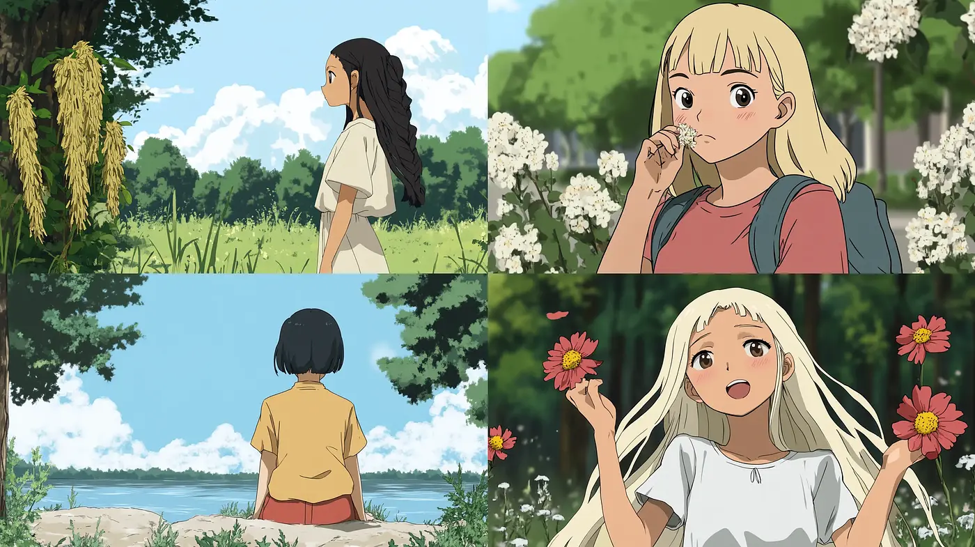 Serene Pastoral Elegance in Anime - Midjourney sref style