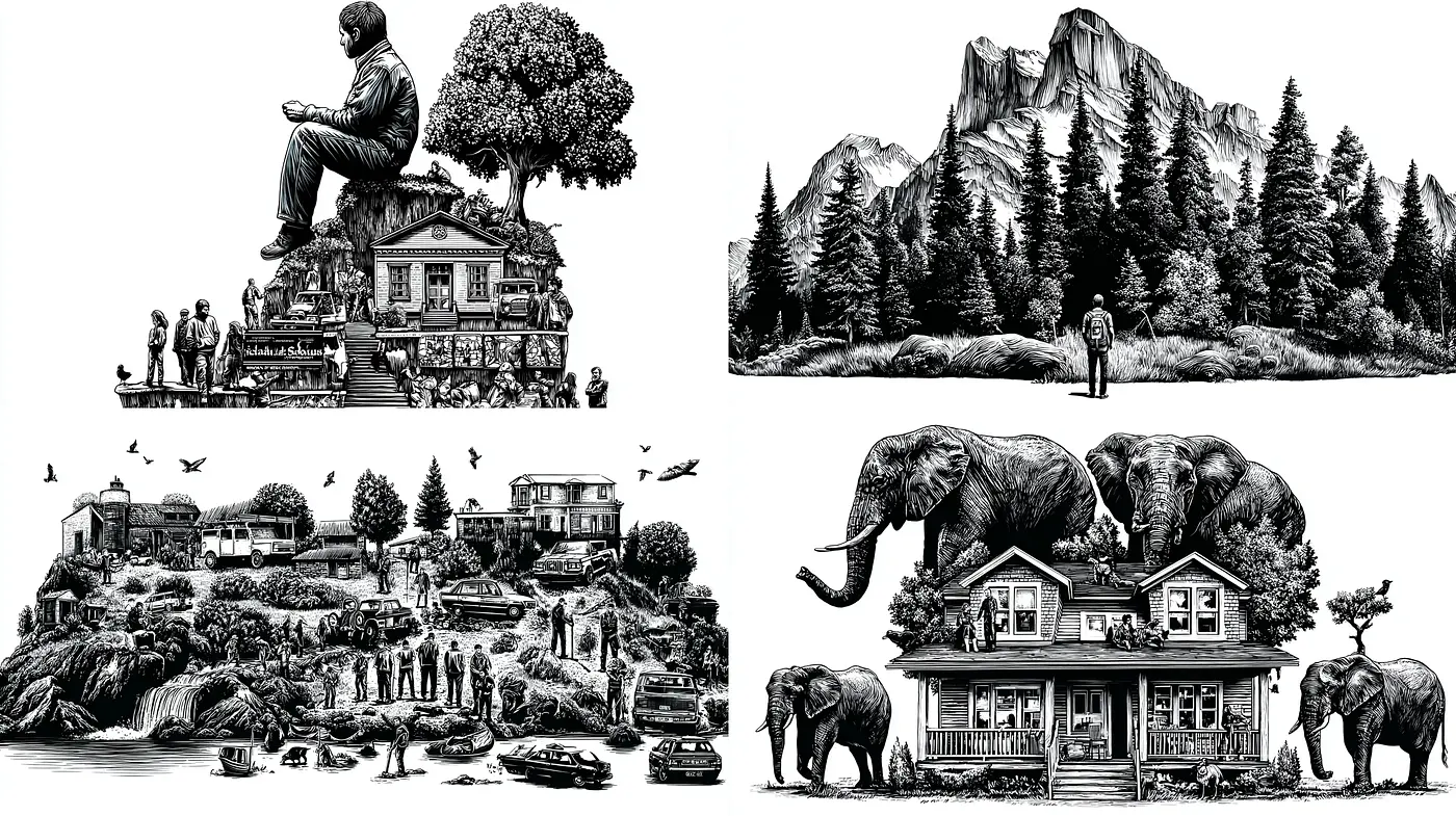 Intricate black-and-white surrealism with narrative depth - Midjourney sref style